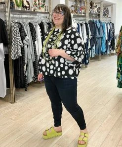 Pure Essence Dot Print Oversized Roll Tab Sleeve Top, Black/Sand Pure Essence