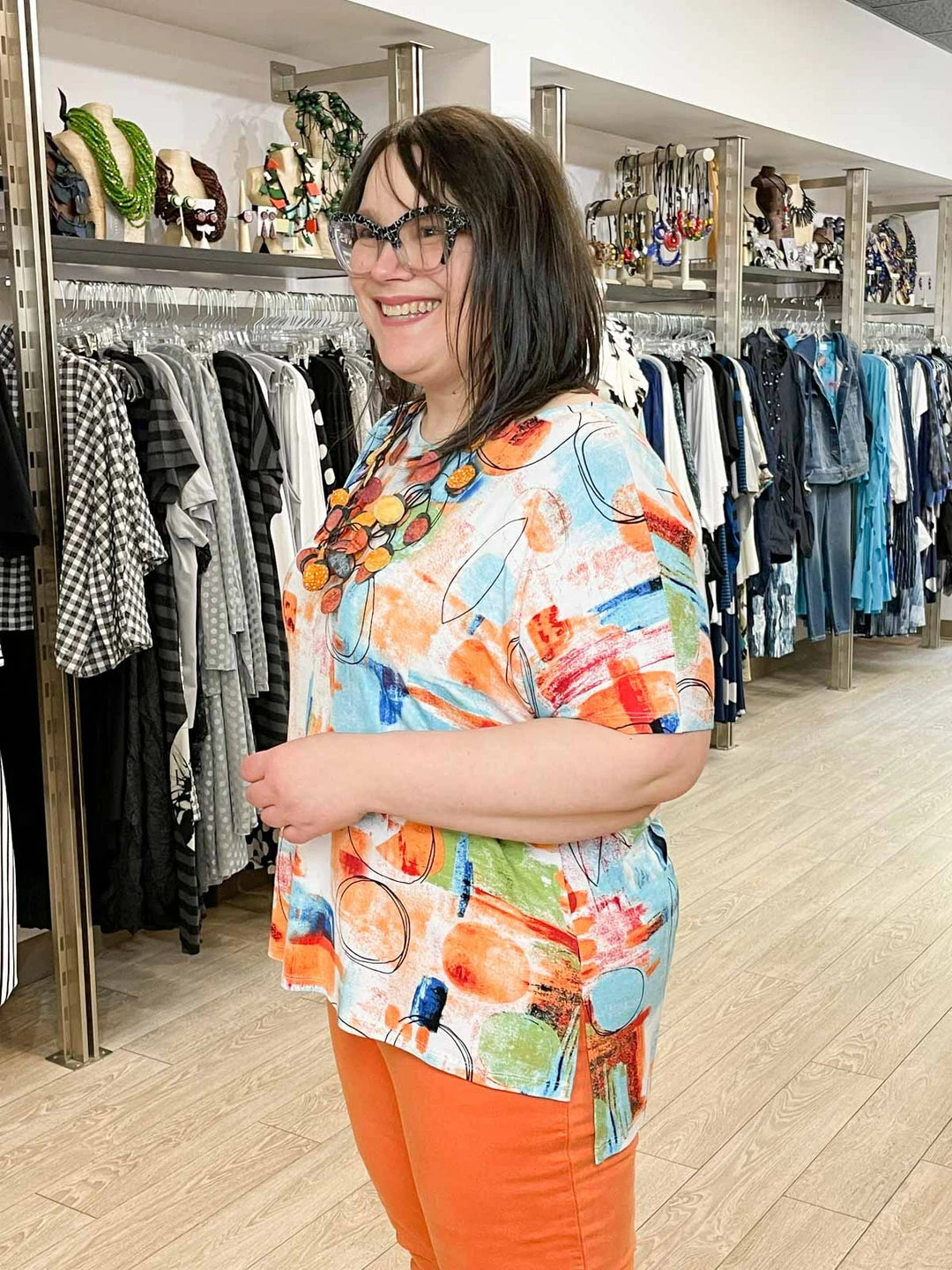 Pure Essence Printed Short Sleeve Boxy Top, Orange/Aqua/Lime