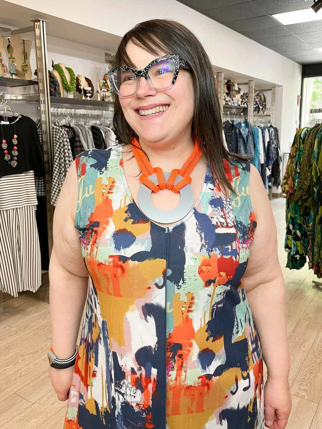 Pure Essence Pure Essence Sleeveless V-Neck Dress, Indigo/Coral/Aqua