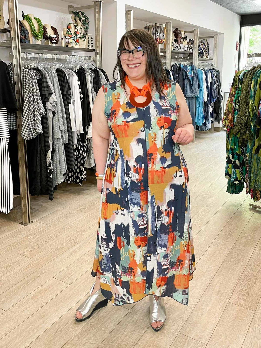 Pure Essence Pure Essence Sleeveless V-Neck Dress, Indigo/Coral/Aqua