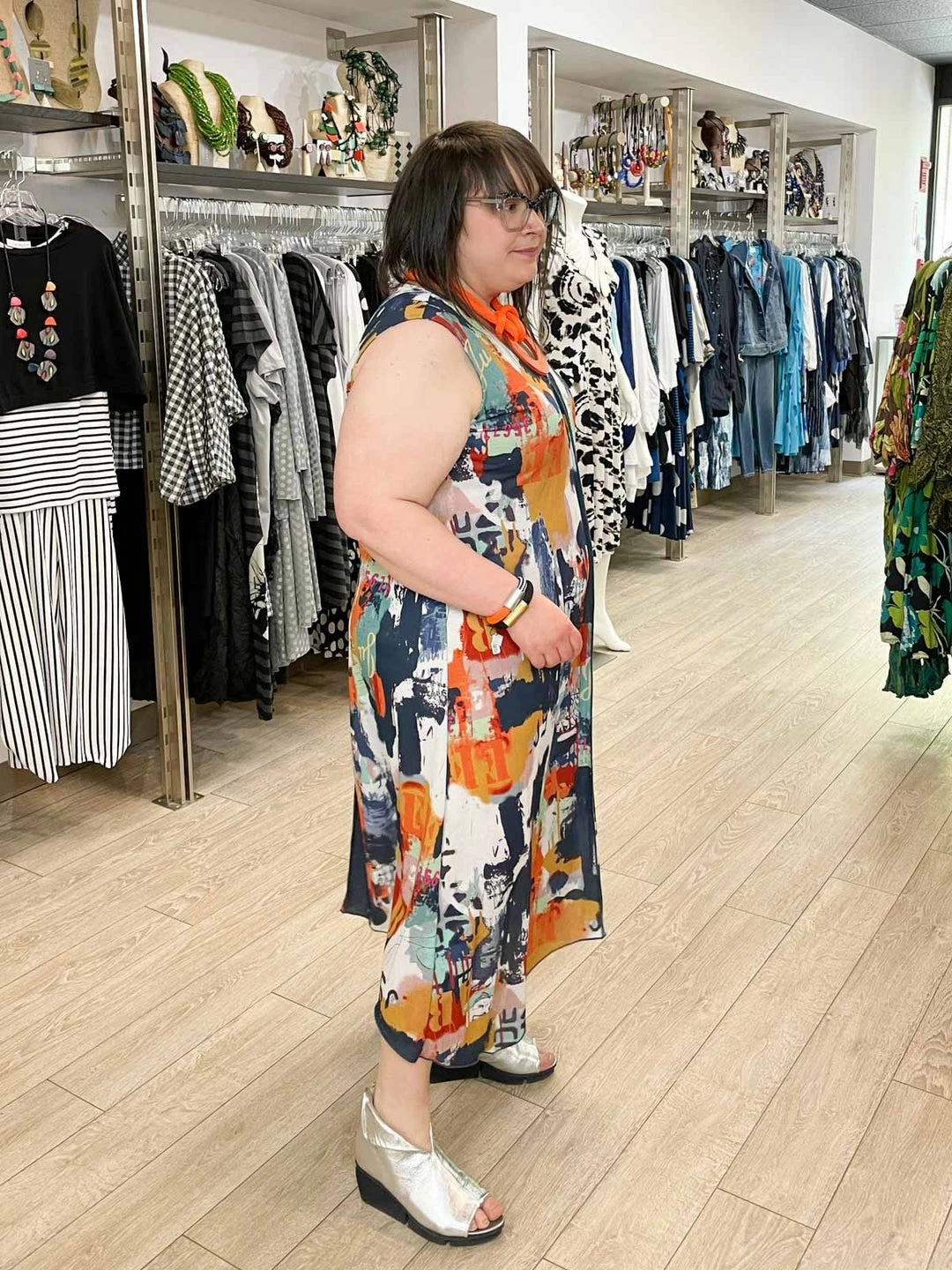 Pure Essence Pure Essence Sleeveless V-Neck Dress, Indigo/Coral/Aqua