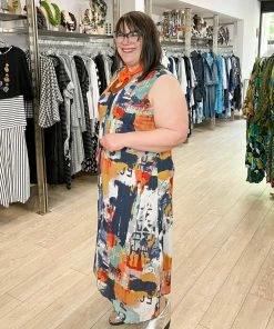 Pure Essence Pure Essence Sleeveless V-Neck Dress, Indigo/Coral/Aqua