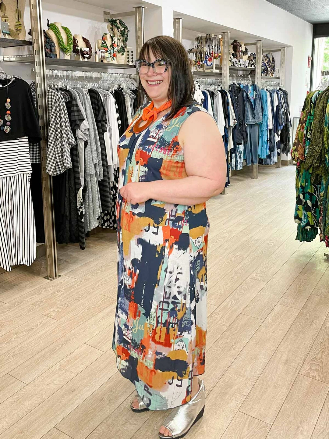 Pure Essence Pure Essence Sleeveless V-Neck Dress, Indigo/Coral/Aqua