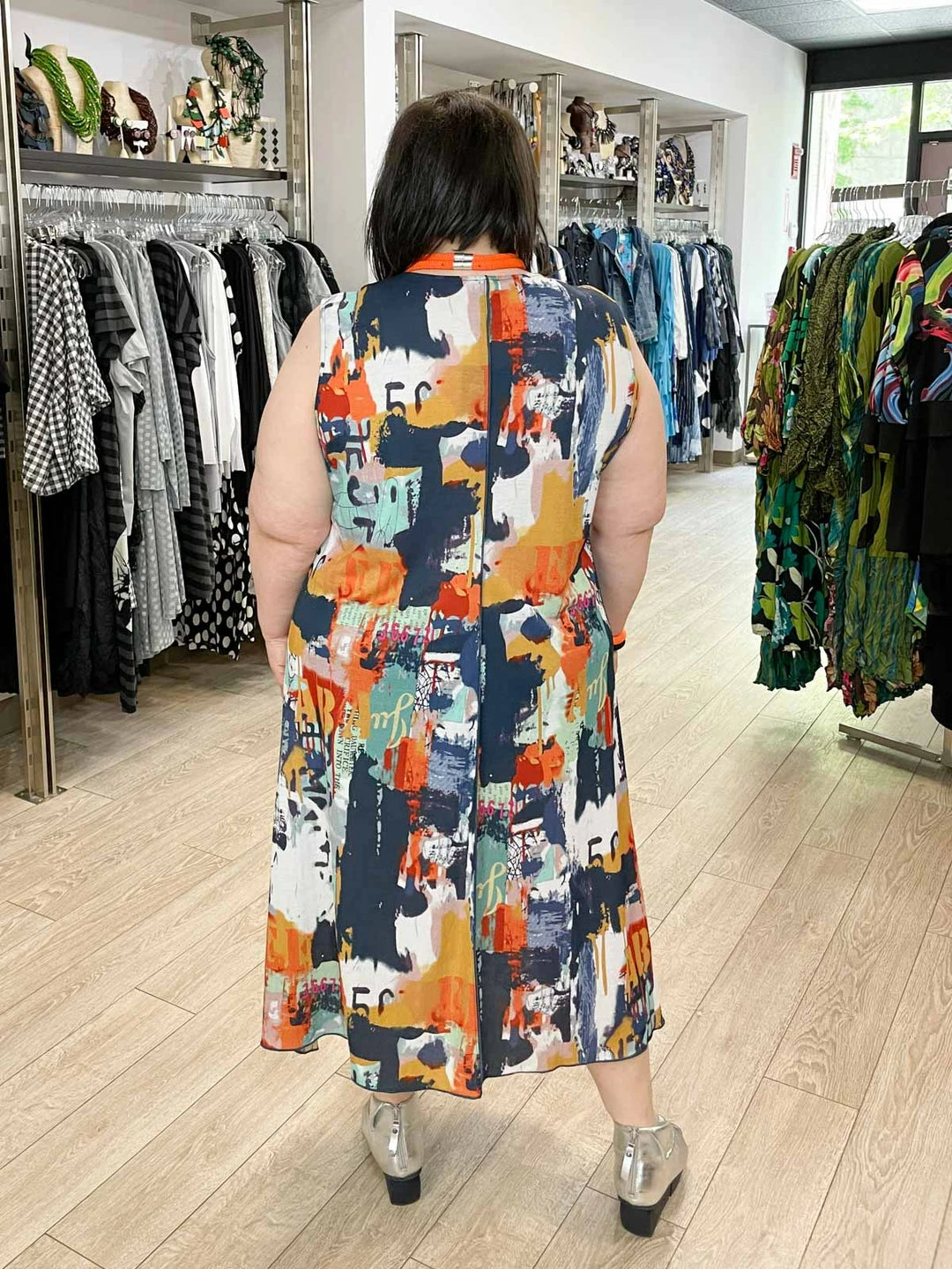 Pure Essence Pure Essence Sleeveless V-Neck Dress, Indigo/Coral/Aqua