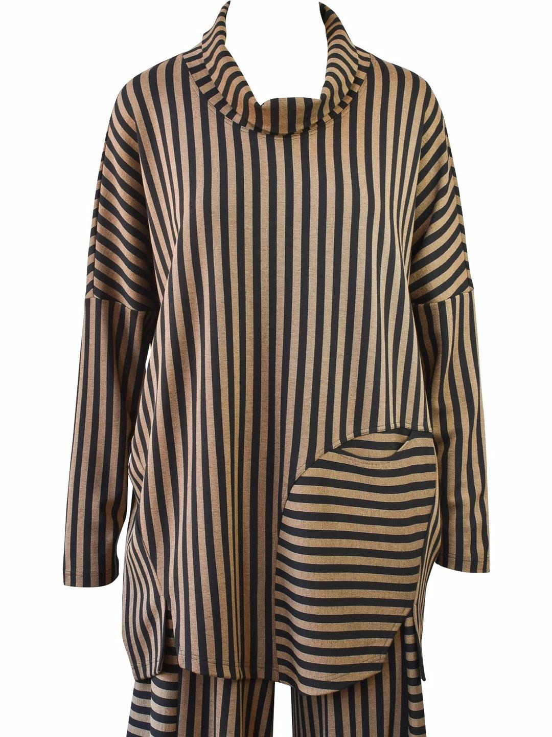 Q'Neel Q'Neel Striped Cowl Pocket Top, Black/Taupe