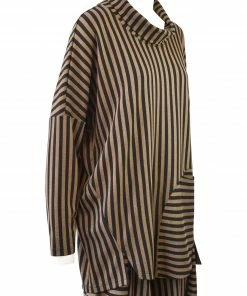 Q'Neel Q'Neel Striped Cowl Pocket Top, Black/Taupe