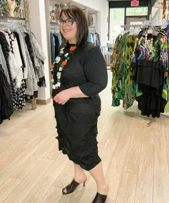 Vanite Couture Zig Zag Pleat 3/4 Sleeve Dress, Black