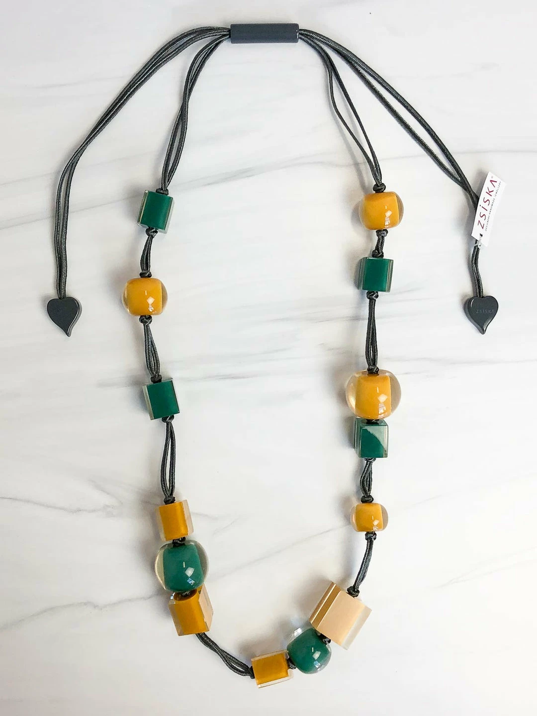 Zsiska Zsiska Colorful Cubes Mix Bead Long Adjustable Necklace, Teal Green/Mustard